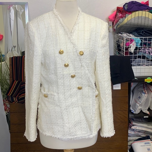 Zara Ivory Tweed Frayed Blazer (Like Balmain) Size XL Women Extra Large - Picture 4 of 16